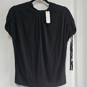 Anthropologie Black Cap Sleeve Ruched Blouse